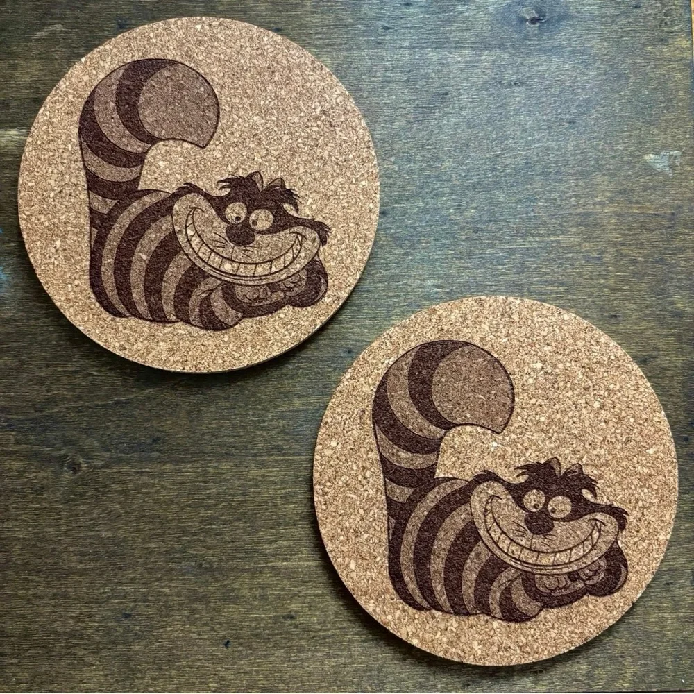 Alice In Wonderland Cheshire Cat Laser Engraved Cork Coasters Bundle of 2